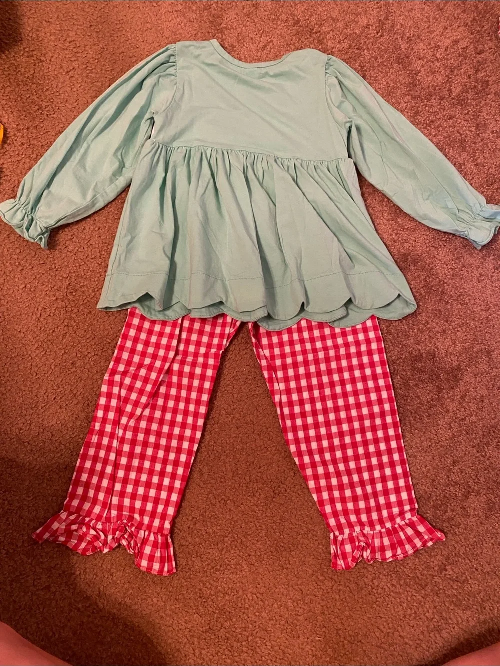 Girls Mint Green Reindeer Smocked Top & Red Gingham Set
